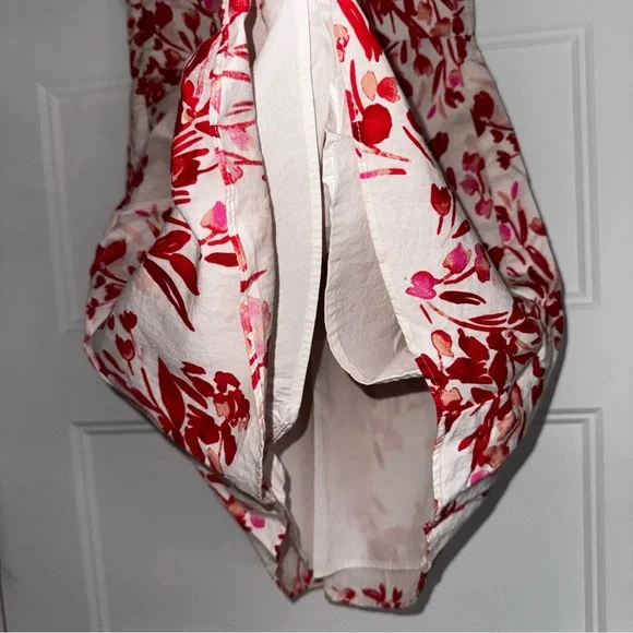 Banana Republic Linen-Cotton Red/Pink/White Floral Mini Dress V-Neck - Size 2 - Picture 7 of 11
